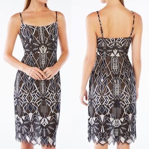 BCBGMAXAZRIA Alese Black Nude & Silver Lace Bodycon Midi Dress